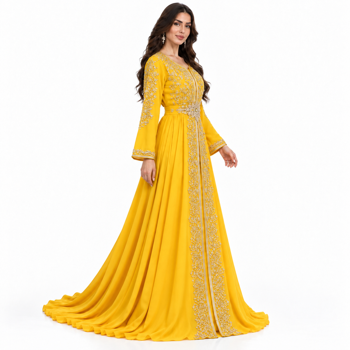 Yellow Embroidered Luxury Moroccan Kaftan Dress