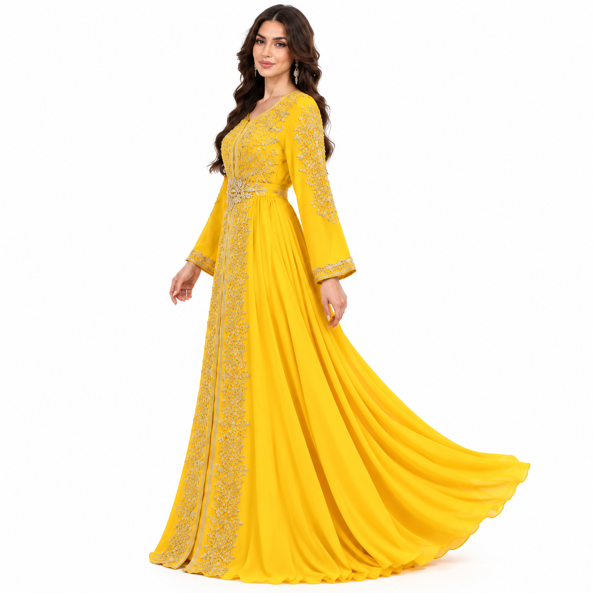 Yellow Embroidered Luxury Moroccan Kaftan Dress
