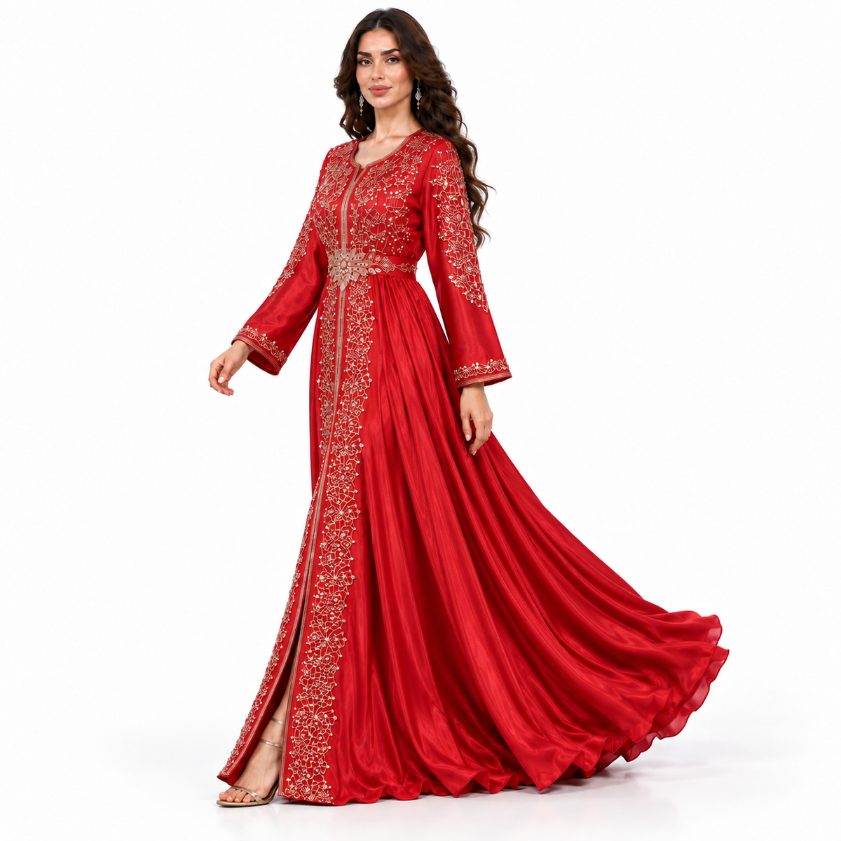 Red Gold Embroidered Luxury Moroccan Kaftan