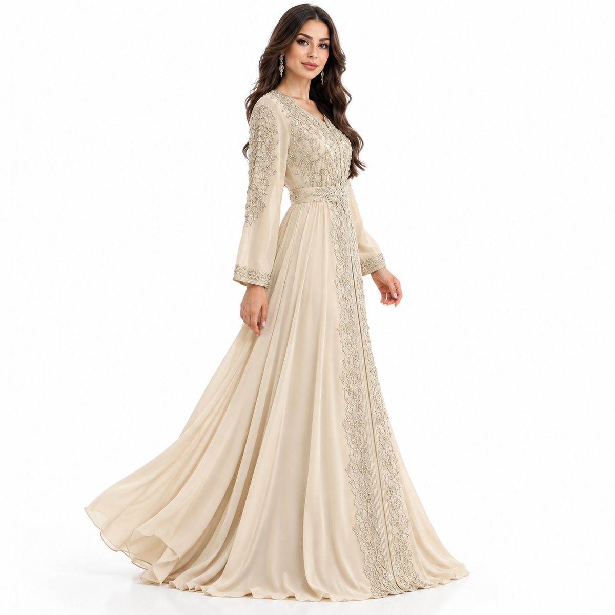 Champagne Embroidered Luxury Moroccan Kaftan Dress