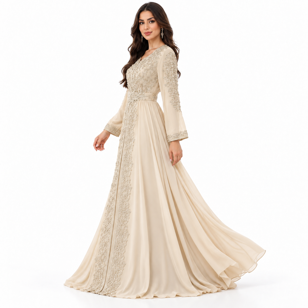 Champagne Embroidered Luxury Moroccan Kaftan Dress