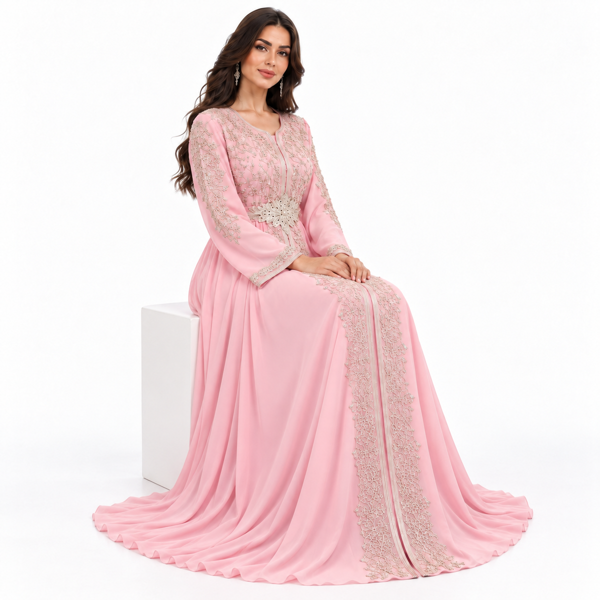 Pink Gold Embroidered Luxury Moroccan Kaftan