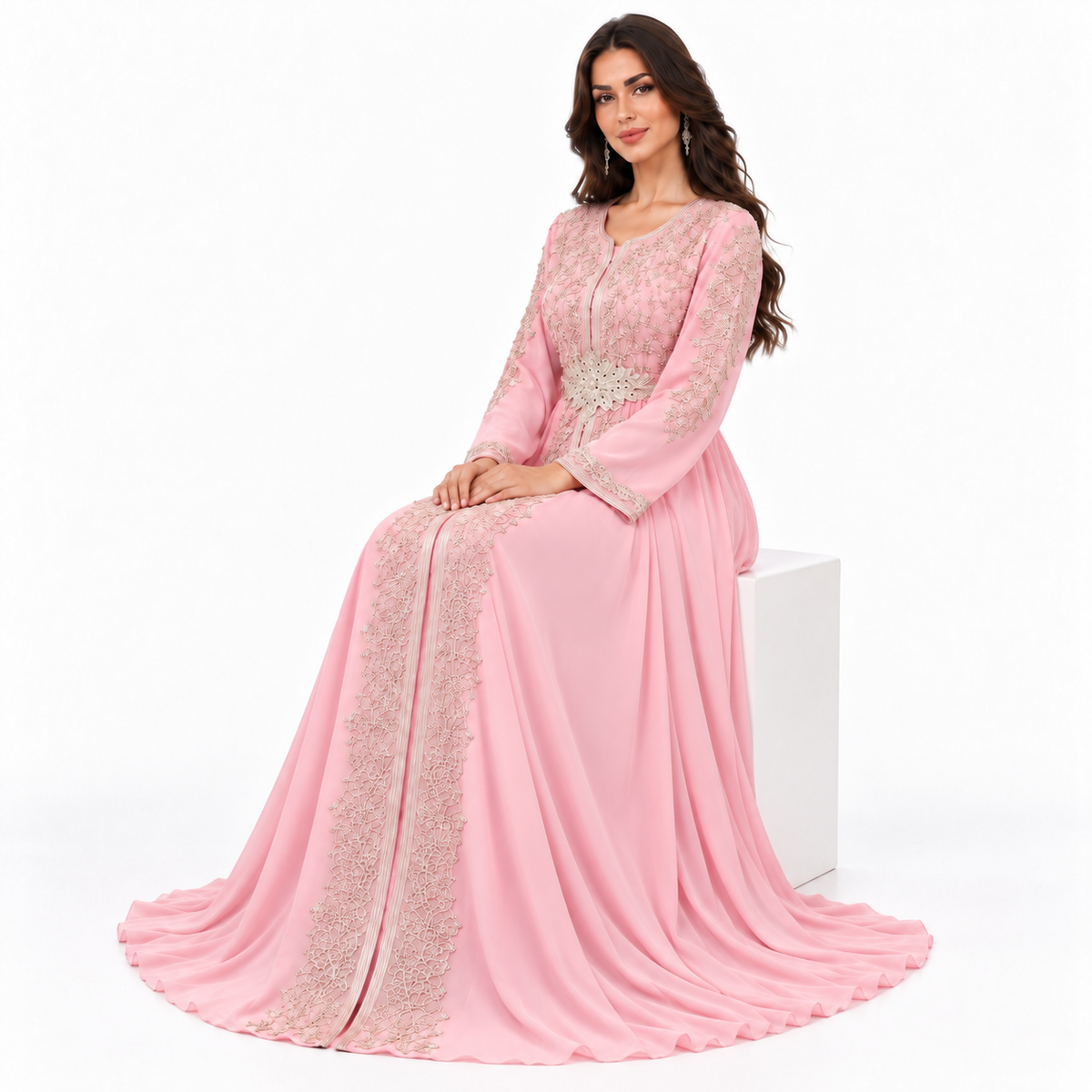 Pink Gold Embroidered Luxury Moroccan Kaftan