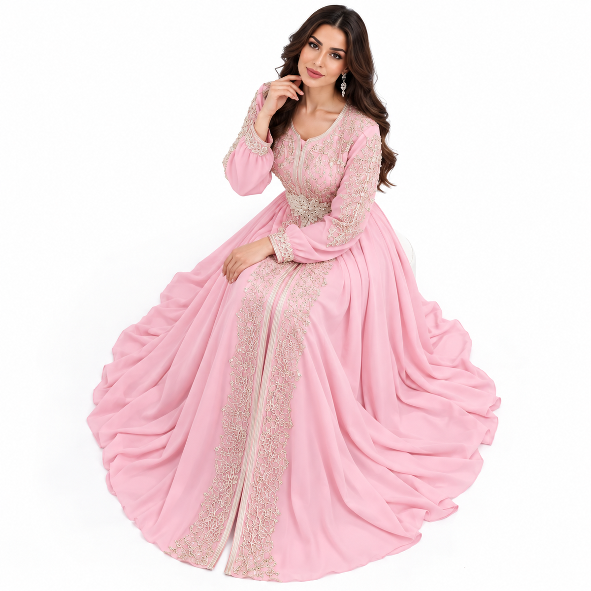 Pink Gold Embroidered Luxury Moroccan Kaftan
