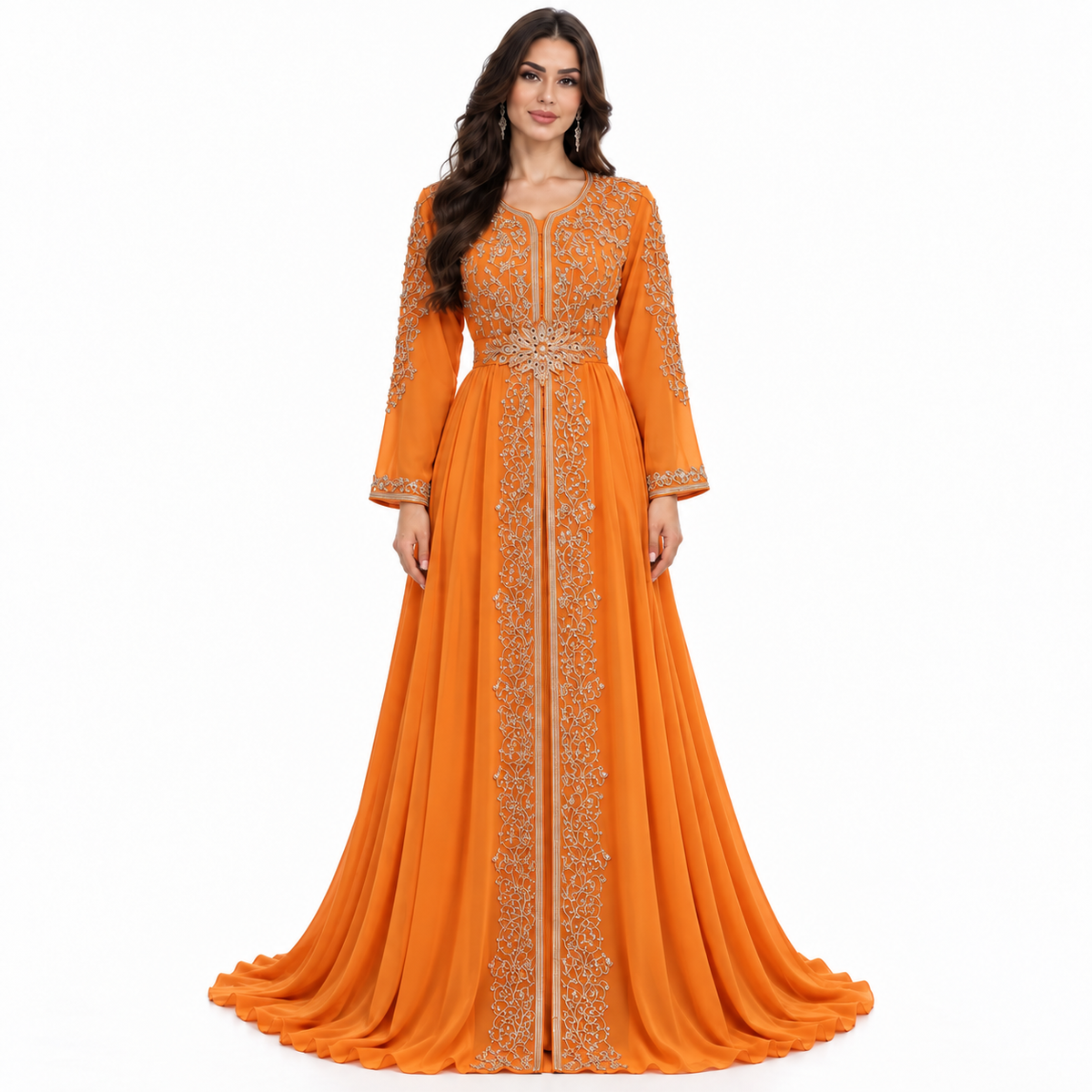 Orange Embroidered Luxury Moroccan Kaftan Dress