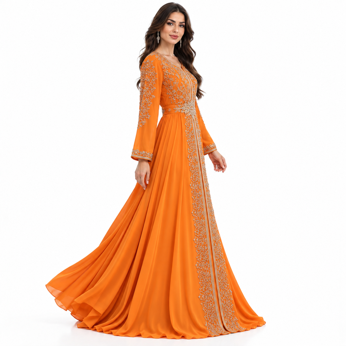 Orange Embroidered Luxury Moroccan Kaftan Dress