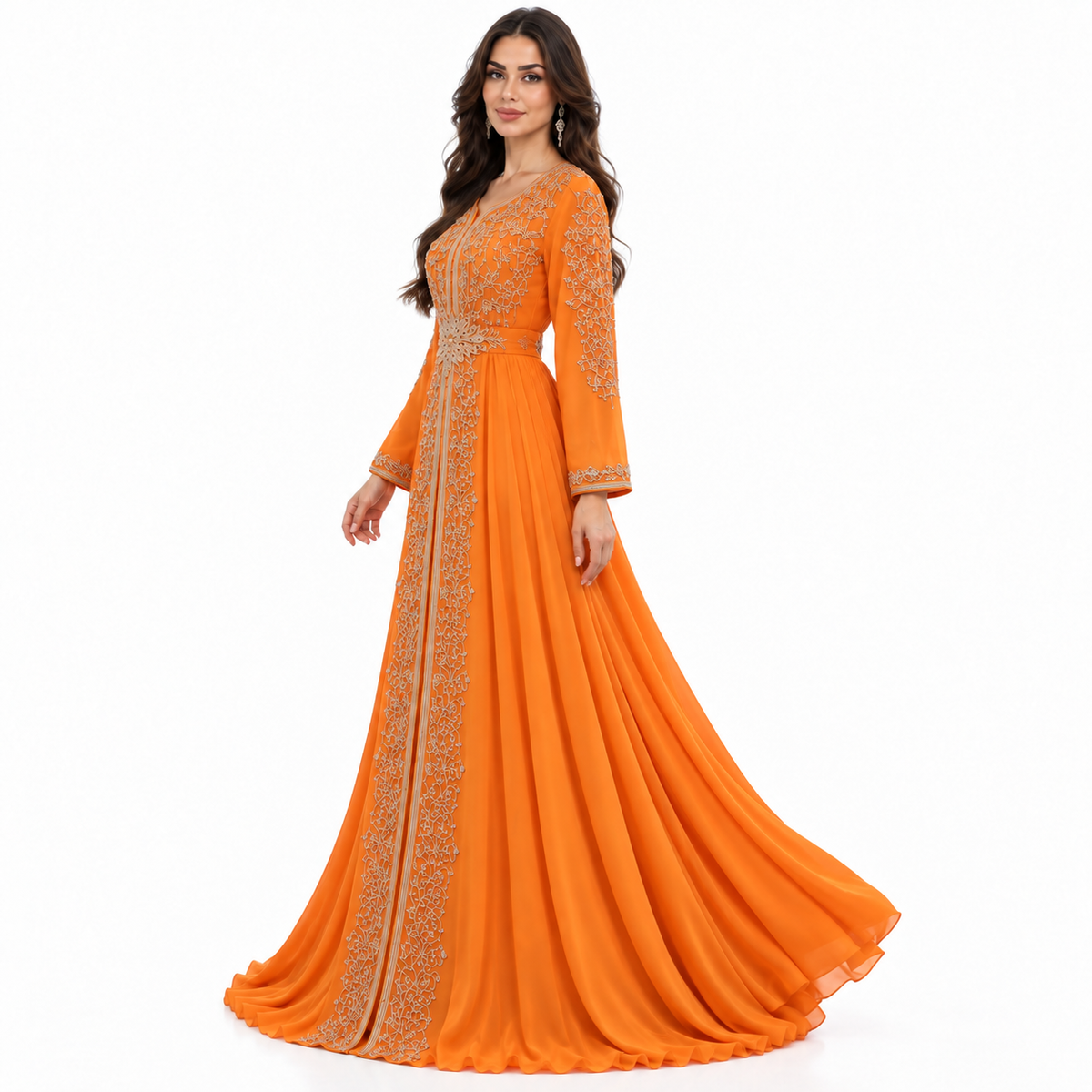 Orange Embroidered Luxury Moroccan Kaftan Dress