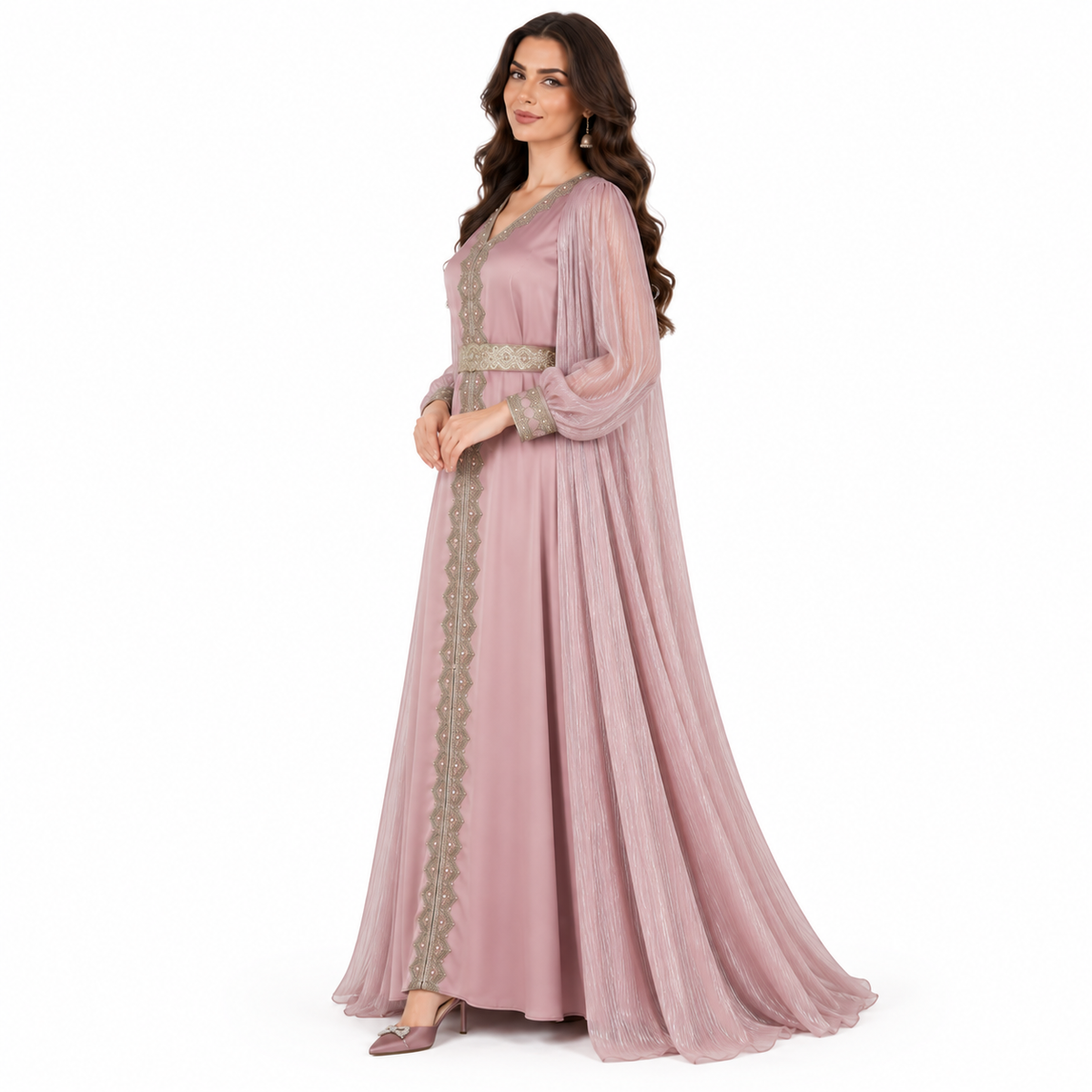 Pink Embellished Layered Modern Baju Kaftan