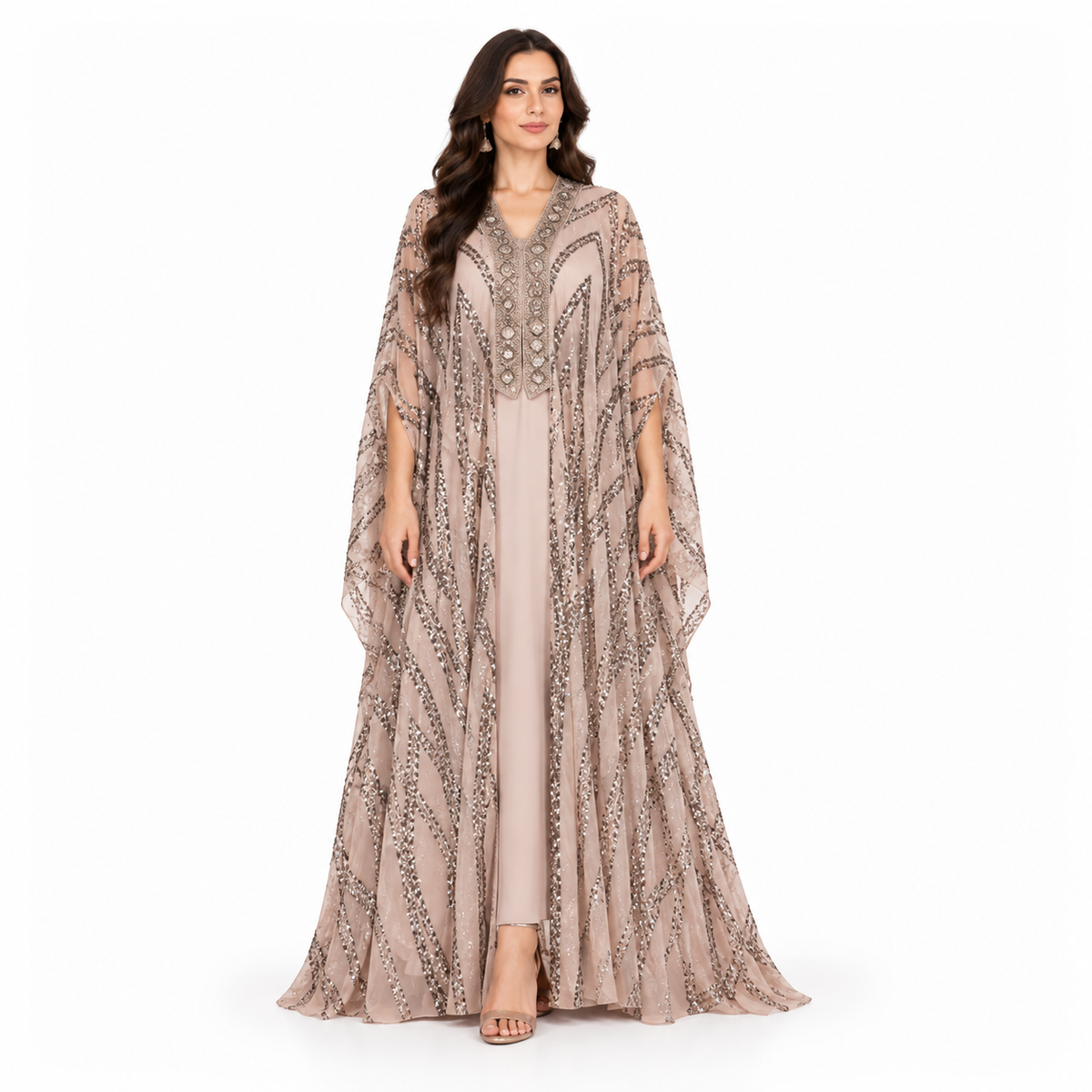 Beige Sequin Embellished Luxury Baju Kaftan