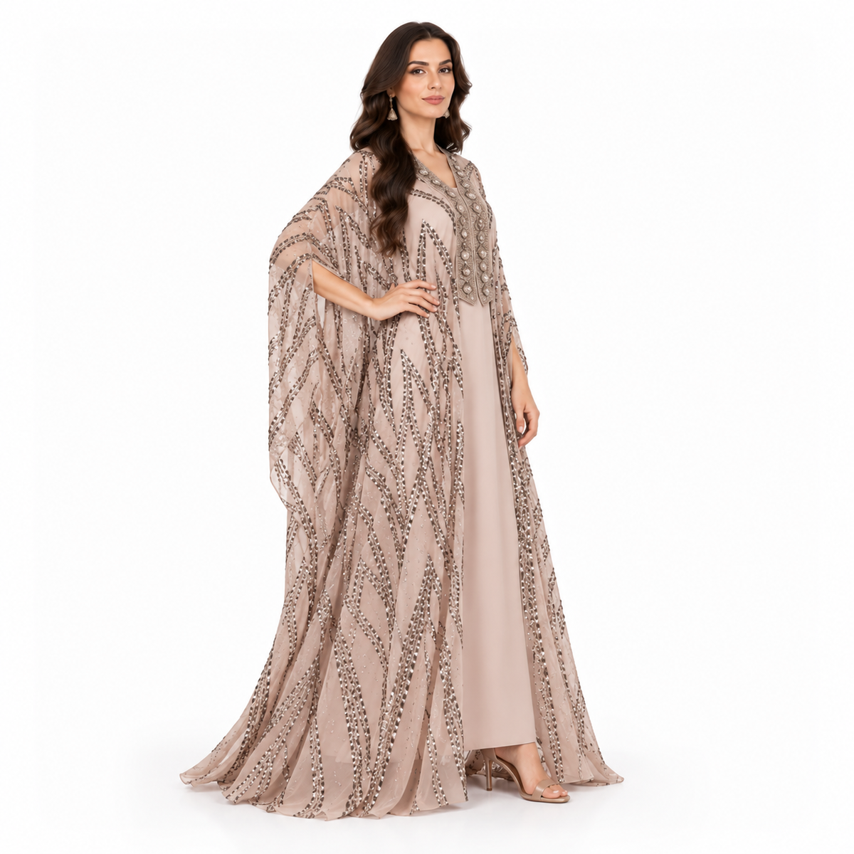 Beige Sequin Embellished Luxury Baju Kaftan