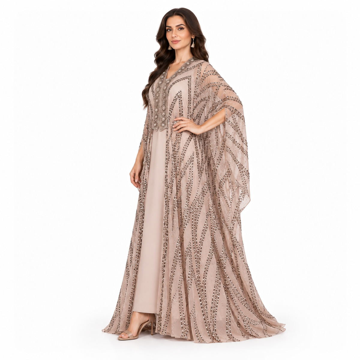 Beige Sequin Embellished Luxury Baju Kaftan