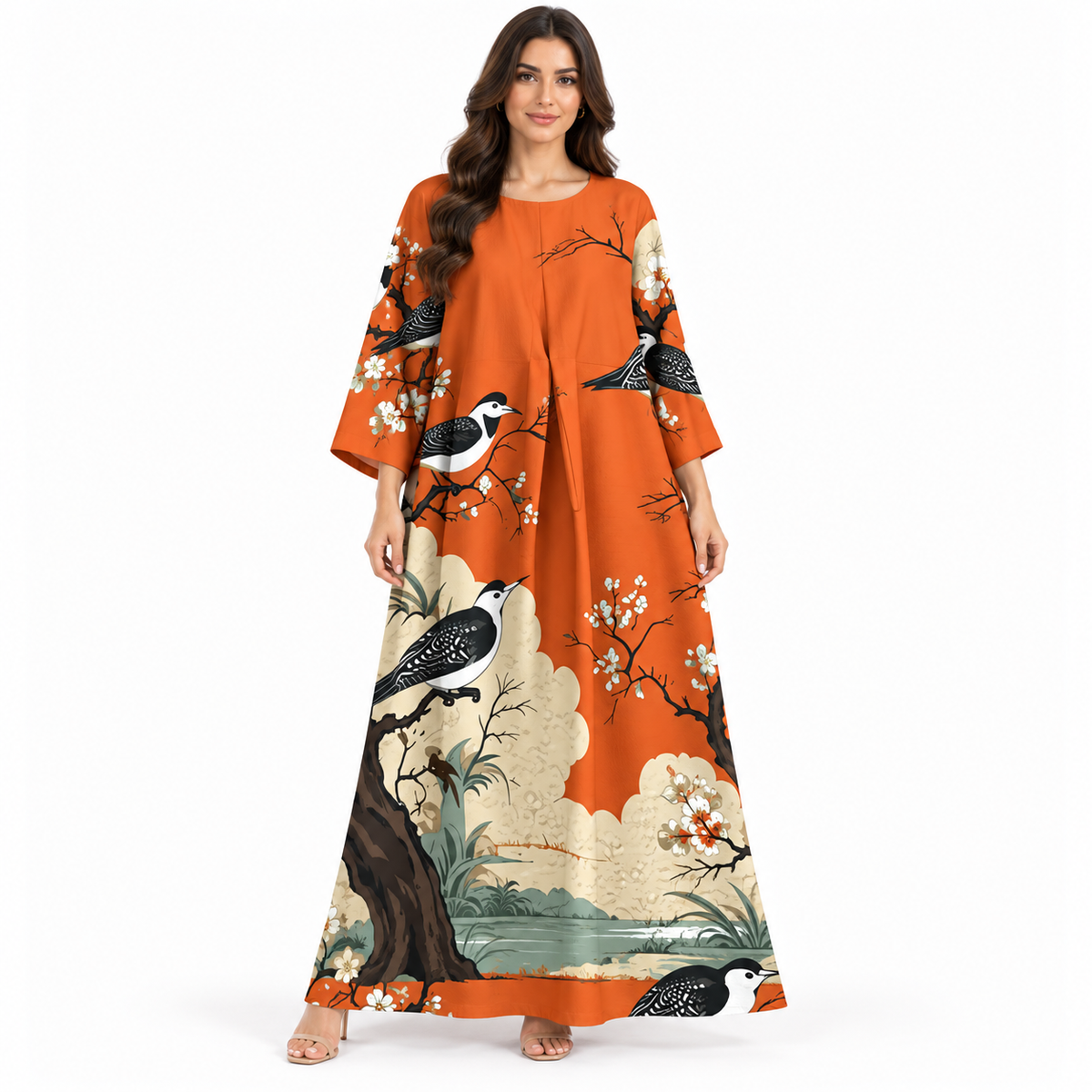 Orange Bird Print Flowing Baju Kaftan