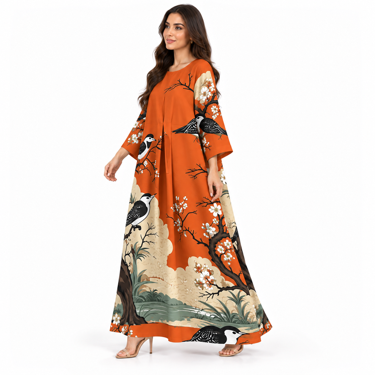 Orange Bird Print Flowing Baju Kaftan