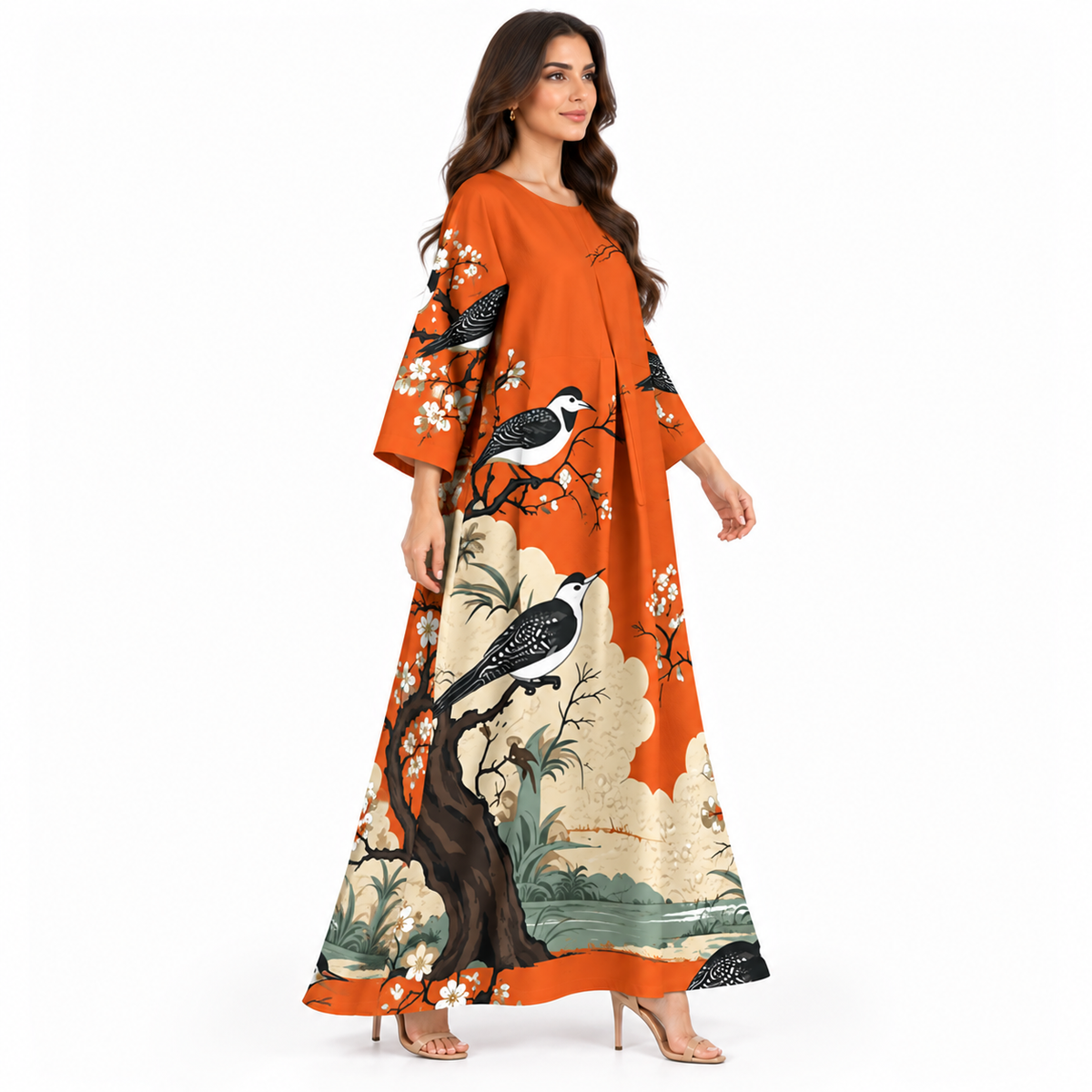 Orange Bird Print Flowing Baju Kaftan