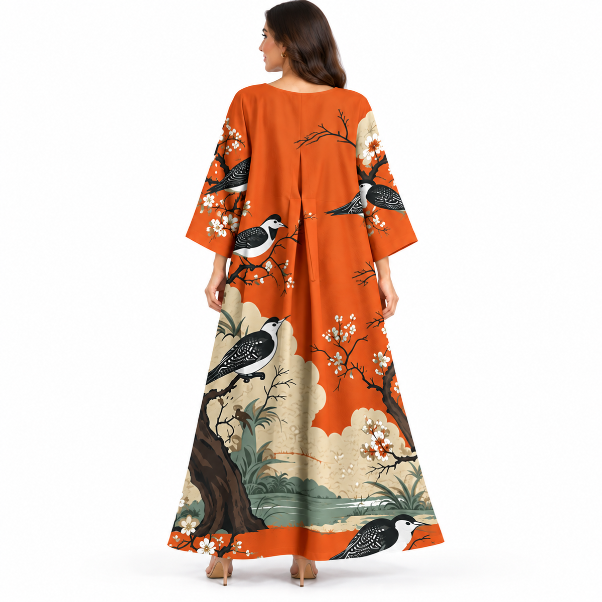 Orange Bird Print Flowing Baju Kaftan
