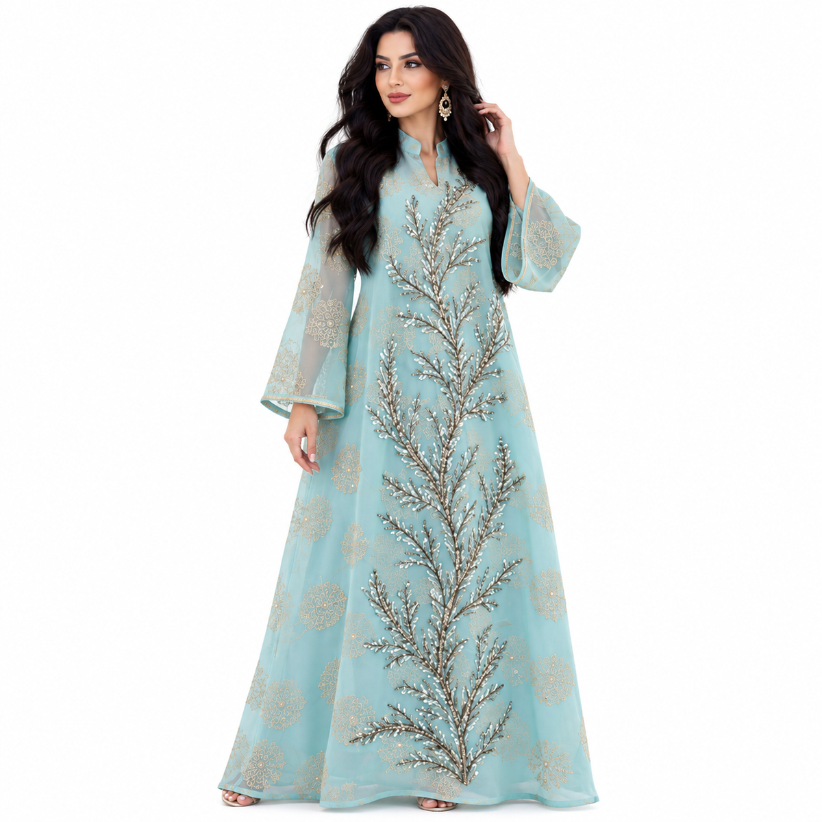 Green Blue Embroidered Elegant Baju Kaftan