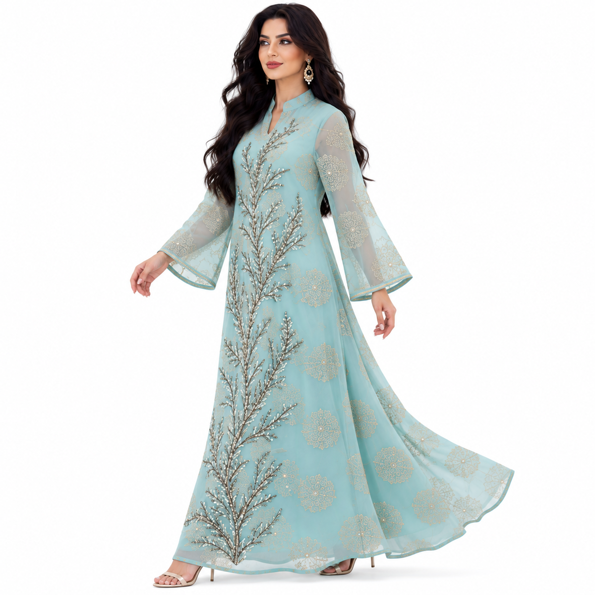 Green Blue Embroidered Elegant Baju Kaftan