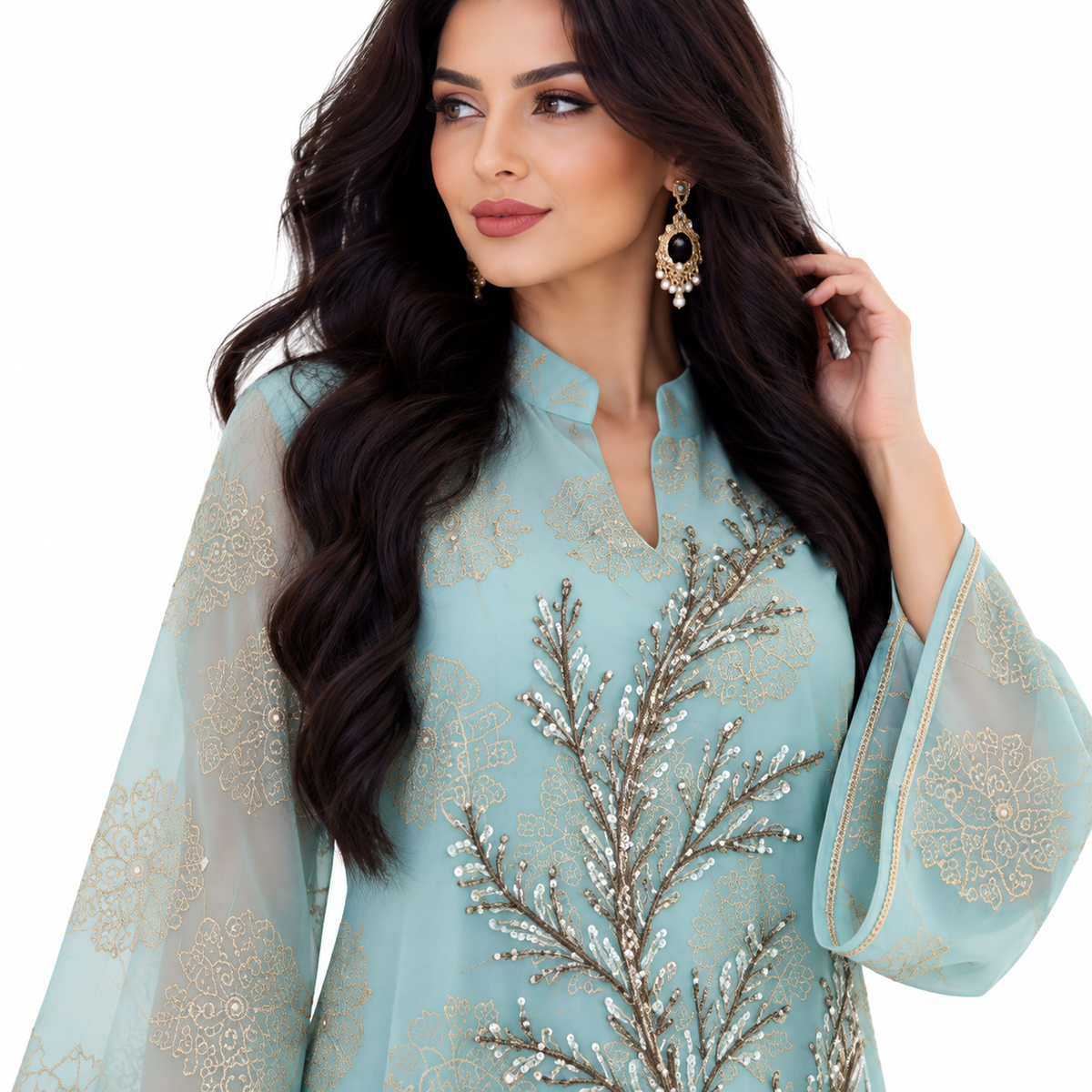 Green Blue Embroidered Elegant Baju Kaftan