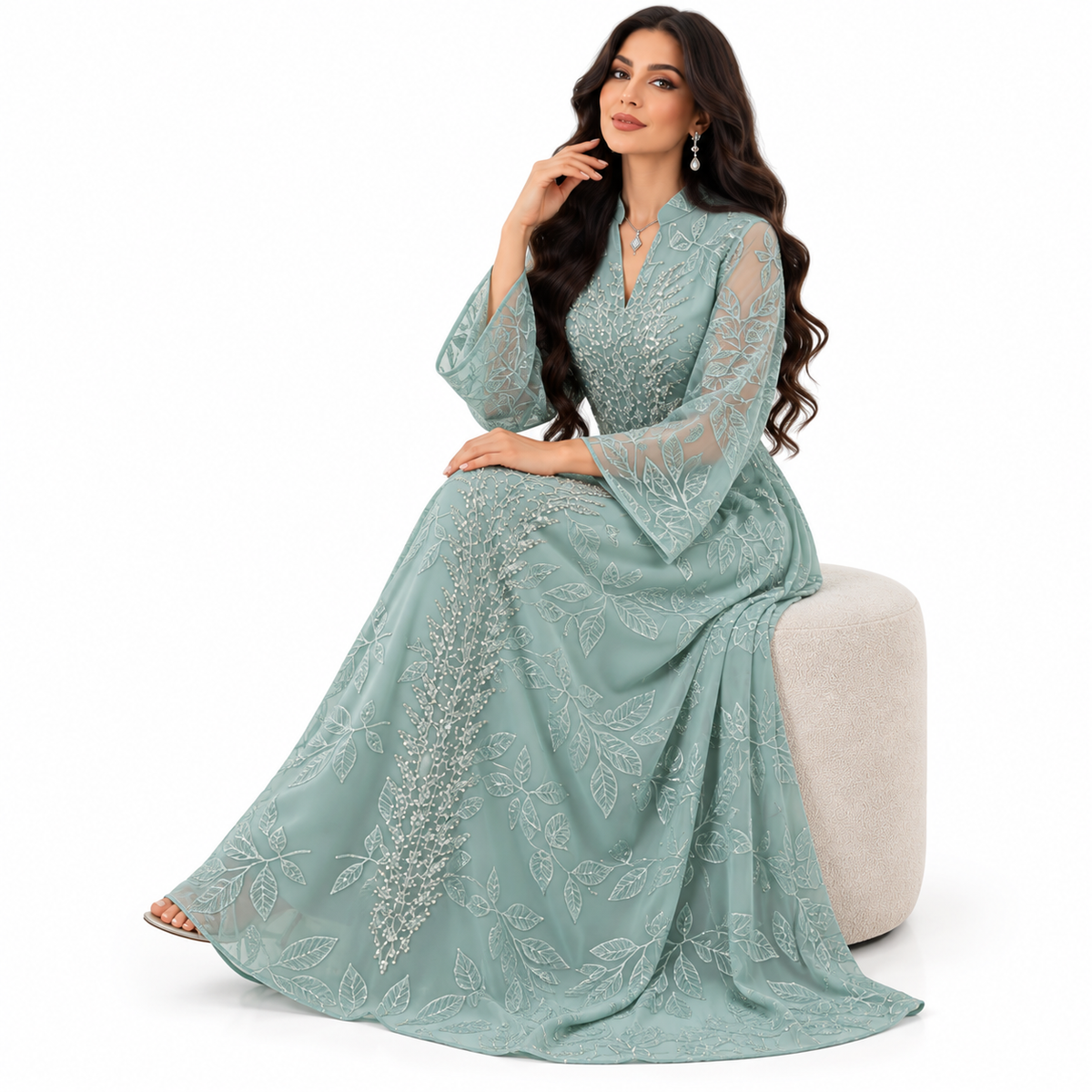 Green Embroidered Botanical Elegance Baju Kaftan