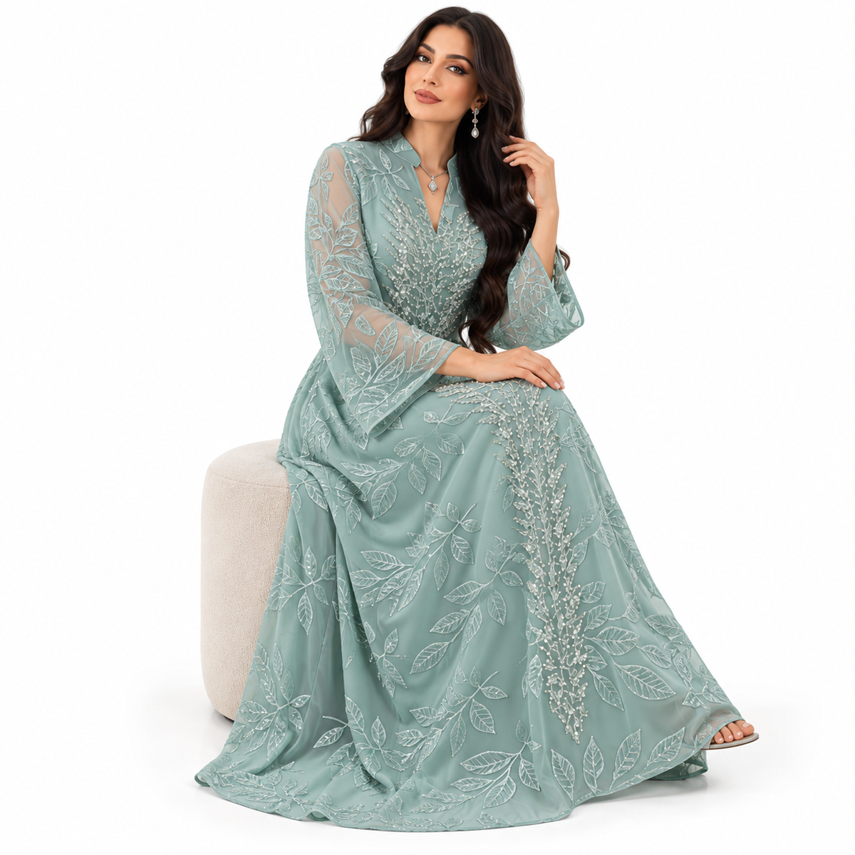 Green Embroidered Botanical Elegance Baju Kaftan