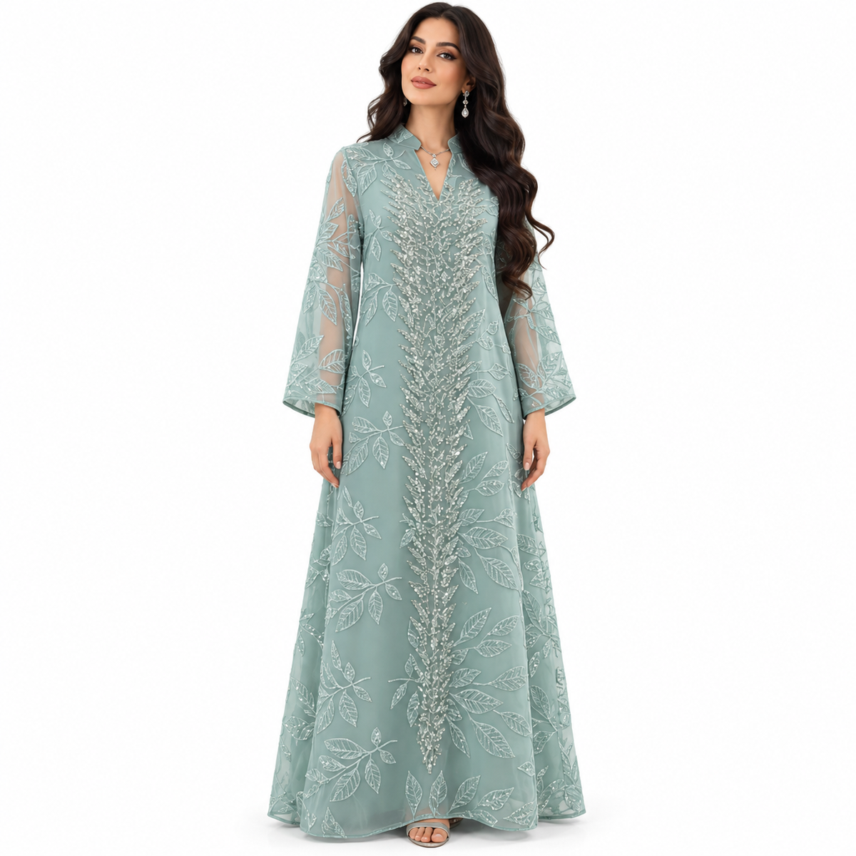 Green Embroidered Botanical Elegance Baju Kaftan