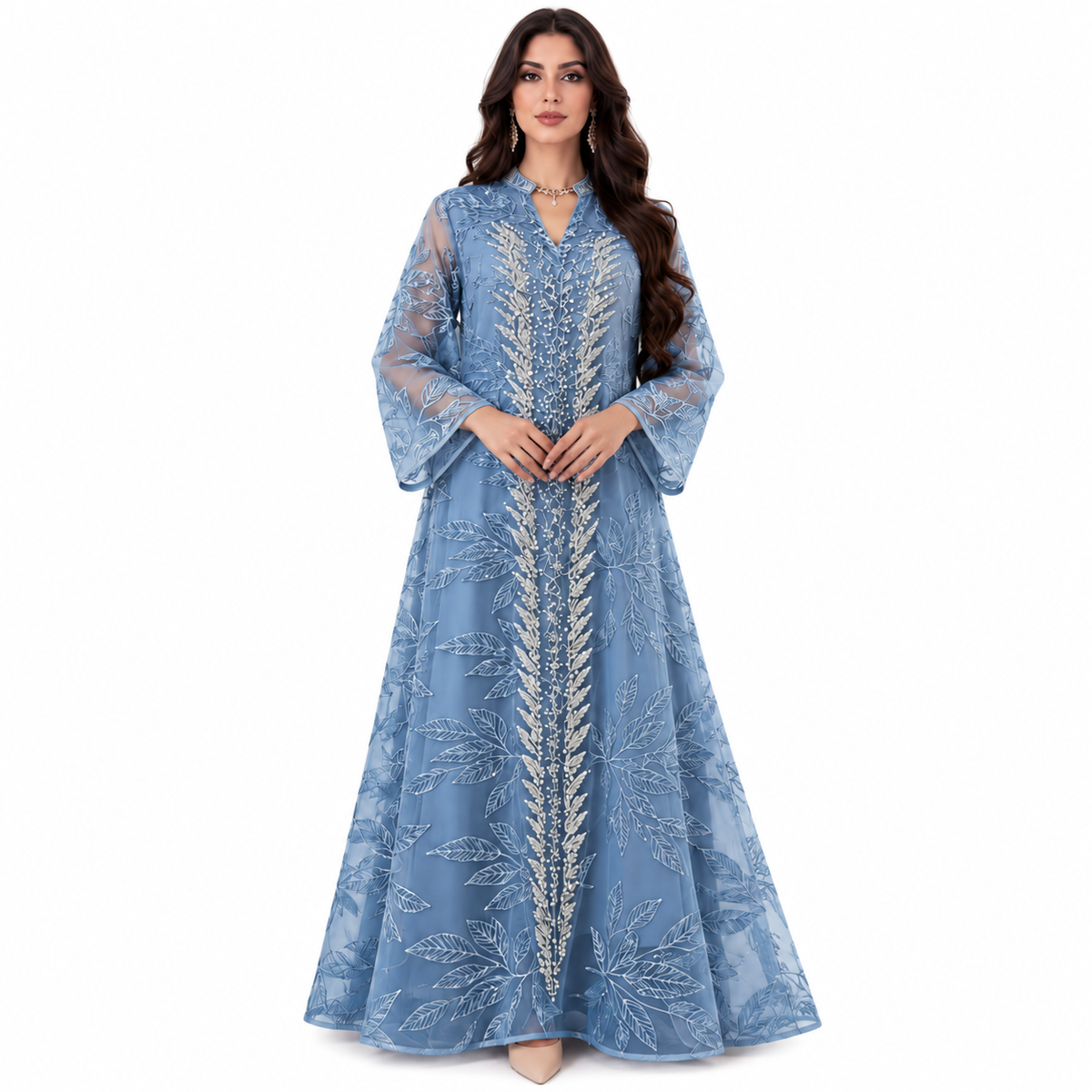 Elegant Blue Botanical Embroidered Baju Kaftan