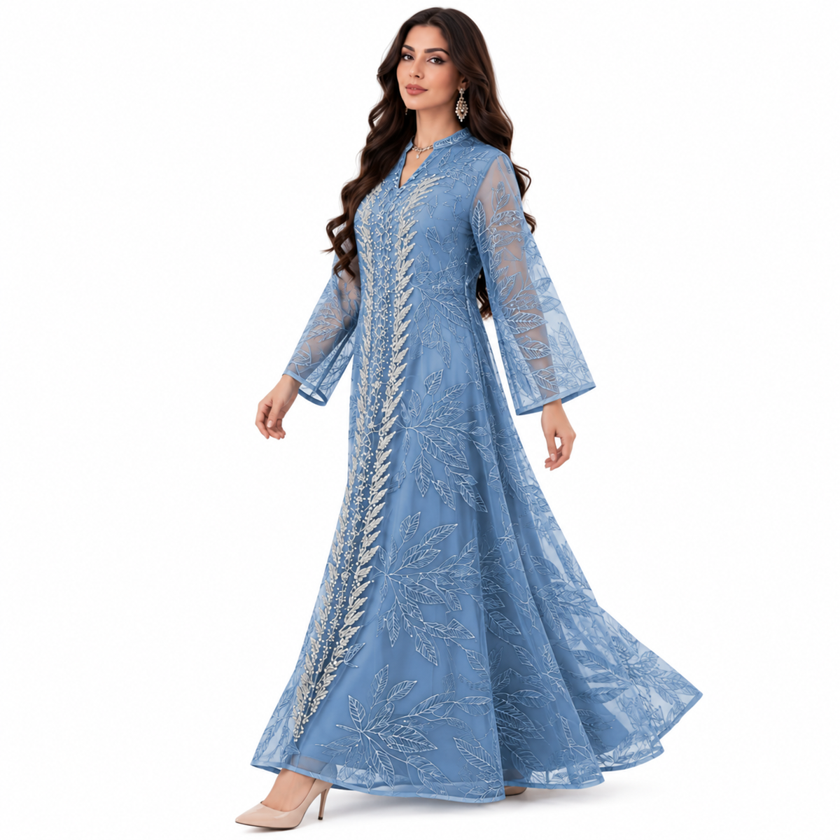 Elegant Blue Botanical Embroidered Baju Kaftan