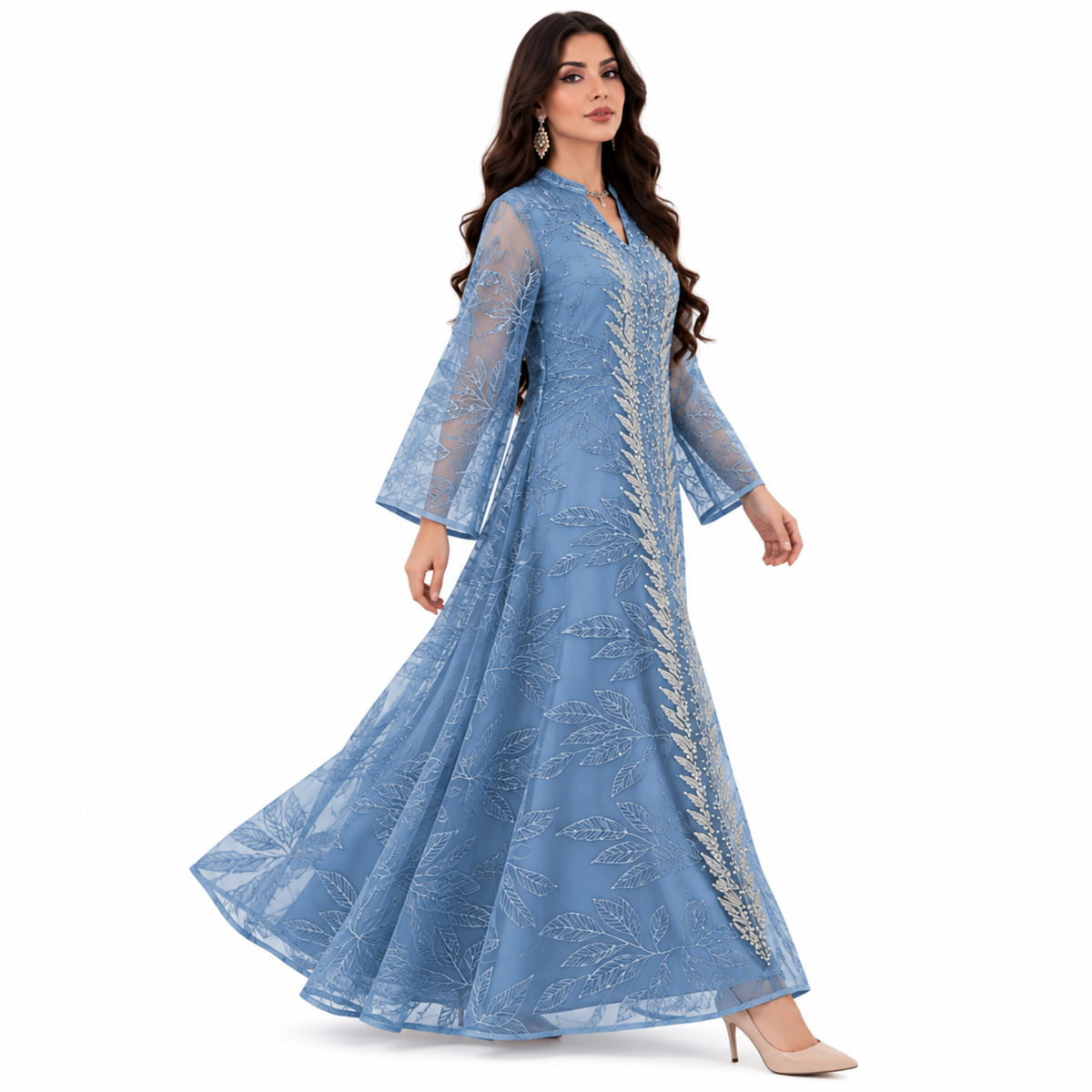 Elegant Blue Botanical Embroidered Baju Kaftan