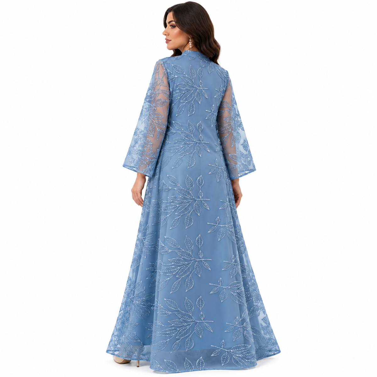Elegant Blue Botanical Embroidered Baju Kaftan