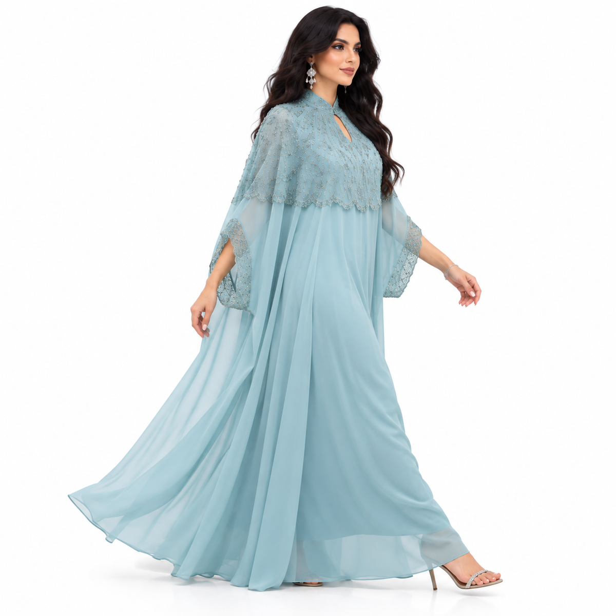 Mint Embellished Chiffon Luxury Baju Kaftan