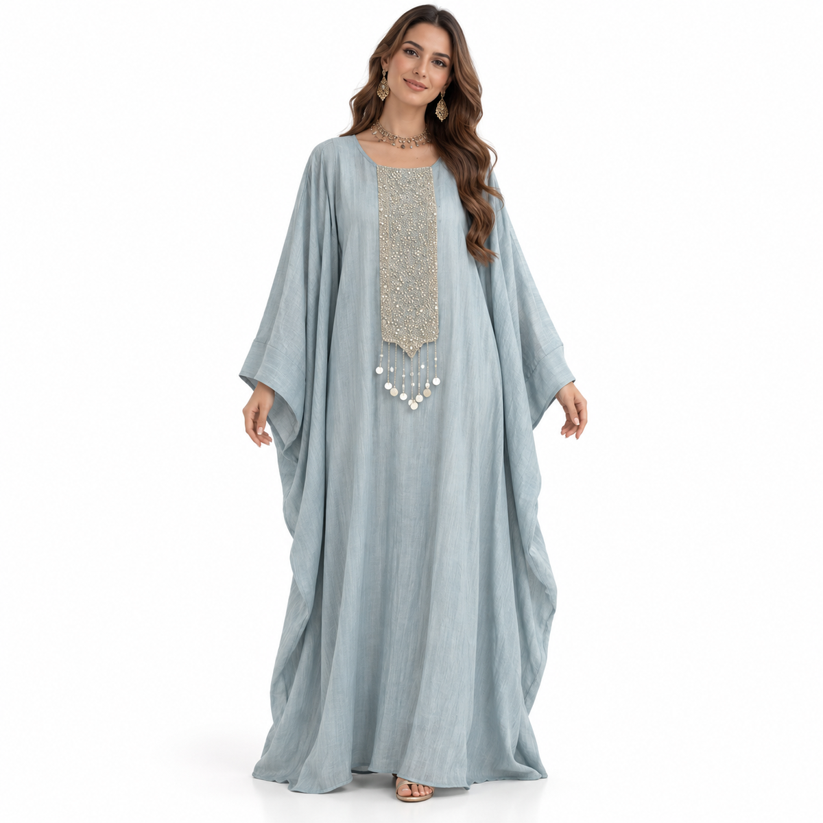 Sky Blue Embellished Baju Linen Kaftan