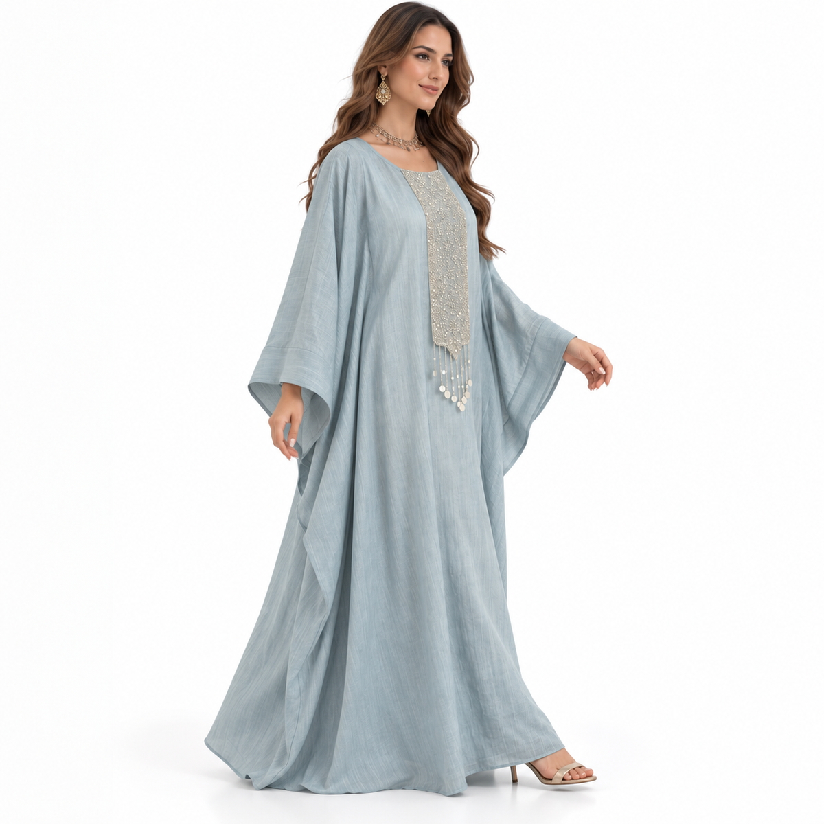 Sky Blue Embellished Baju Linen Kaftan