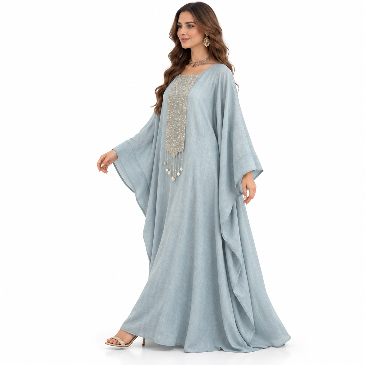 Sky Blue Embellished Baju Linen Kaftan