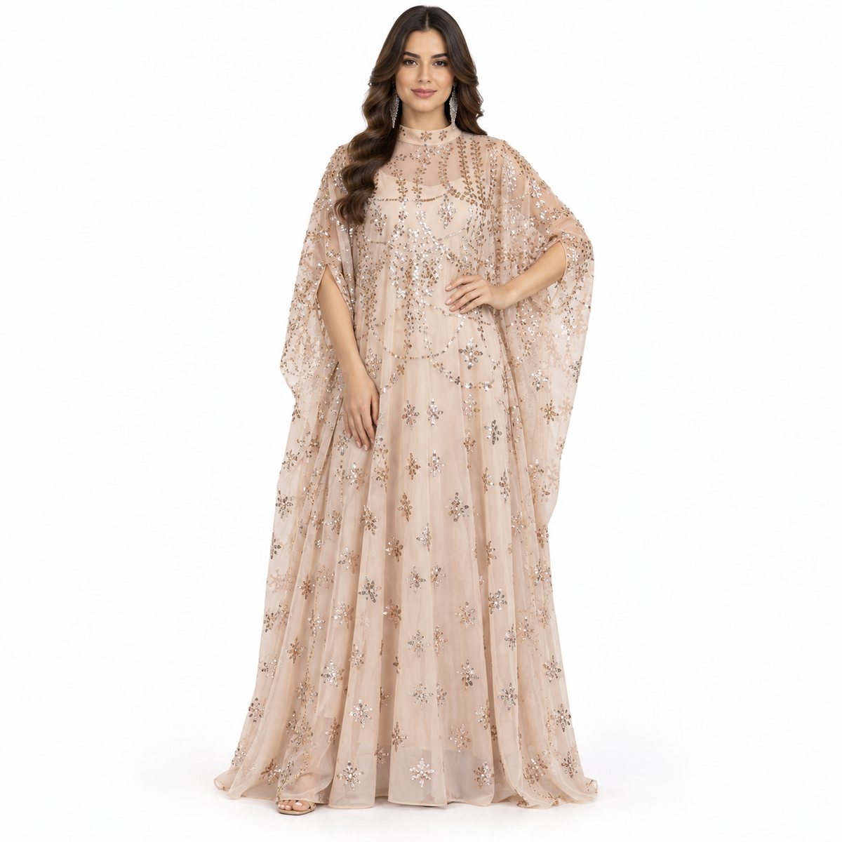 Beige Embellished Elegant Flowing Baju Kaftan