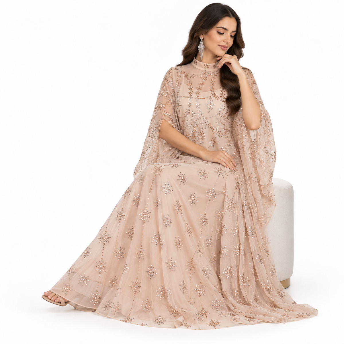 Beige Embellished Elegant Flowing Baju Kaftan