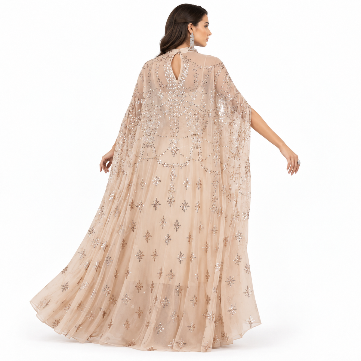 Beige Embellished Elegant Flowing Baju Kaftan