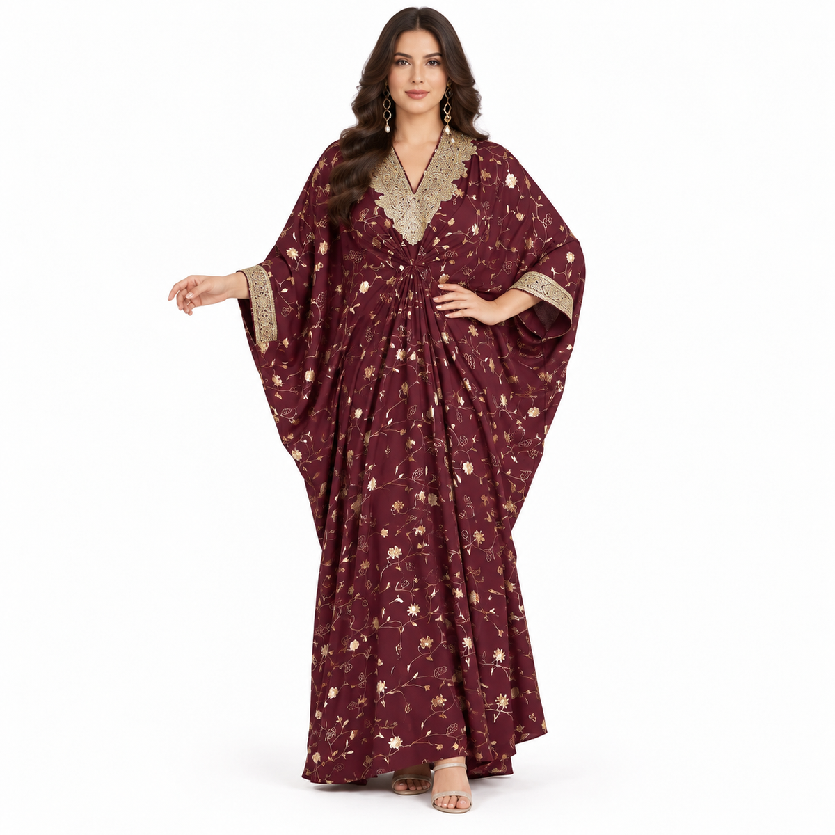 Dark Red Gold Floral Baju Kaftan