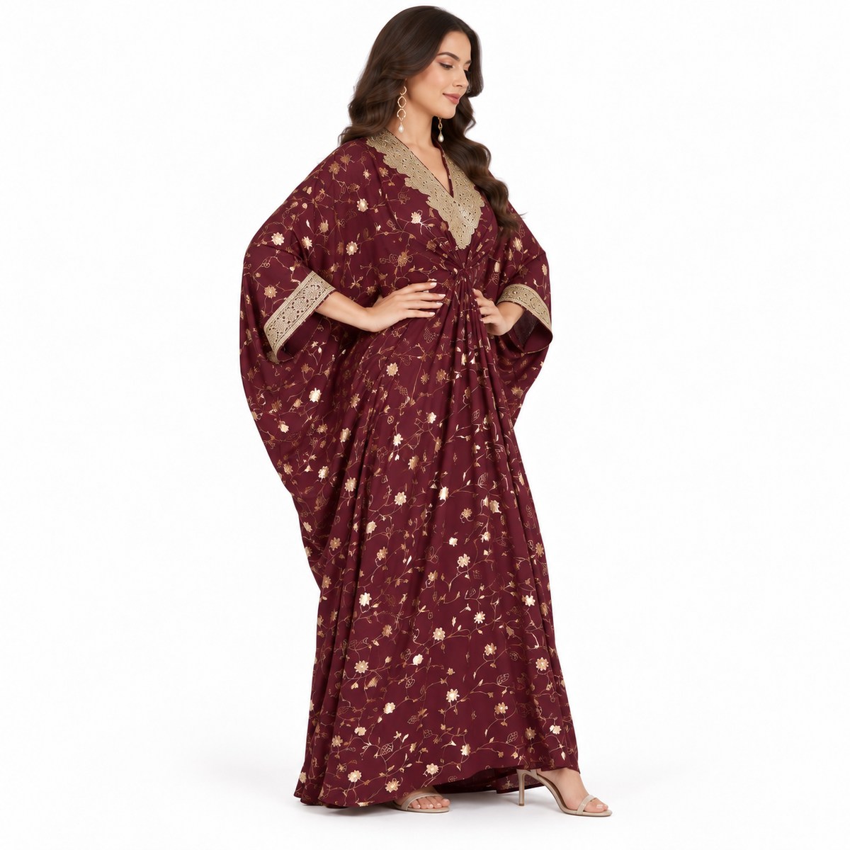 Dark Red Gold Floral Baju Kaftan