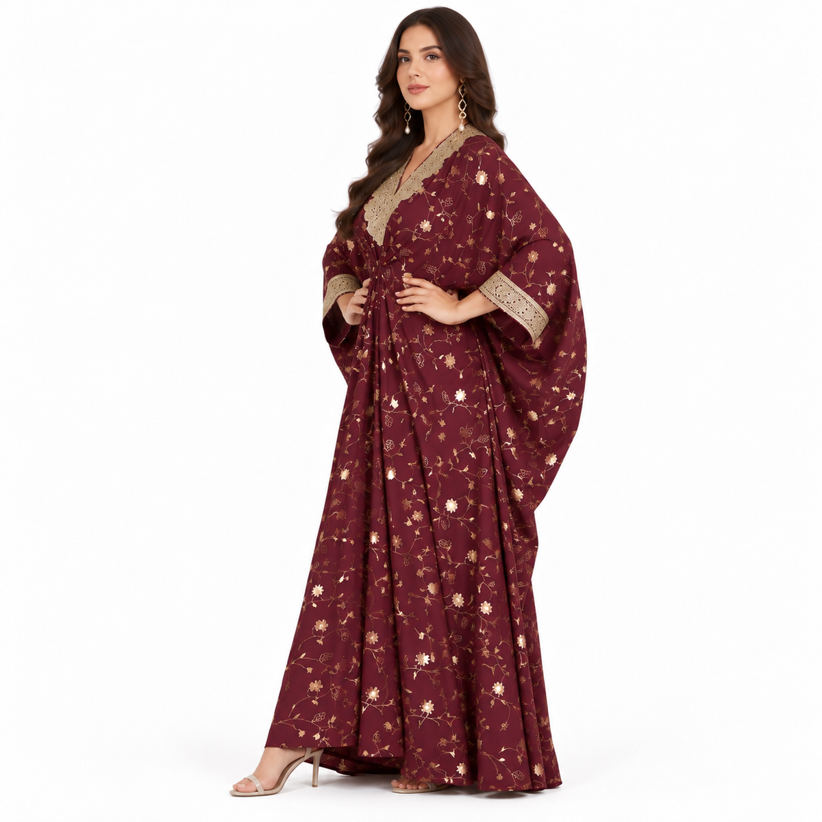 Dark Red Gold Floral Baju Kaftan