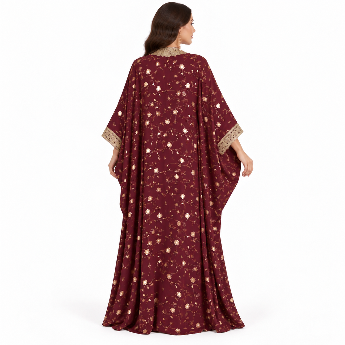 Dark Red Gold Floral Baju Kaftan