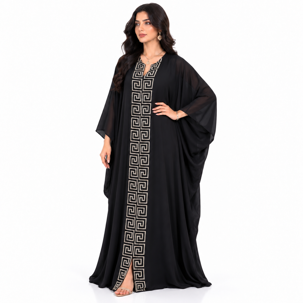 Black Geometric Embroidered Luxury Baju Kaftan