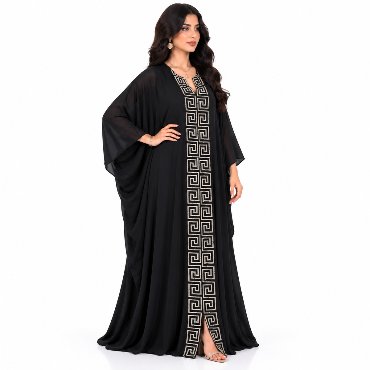 Black Geometric Embroidered Luxury Baju Kaftan