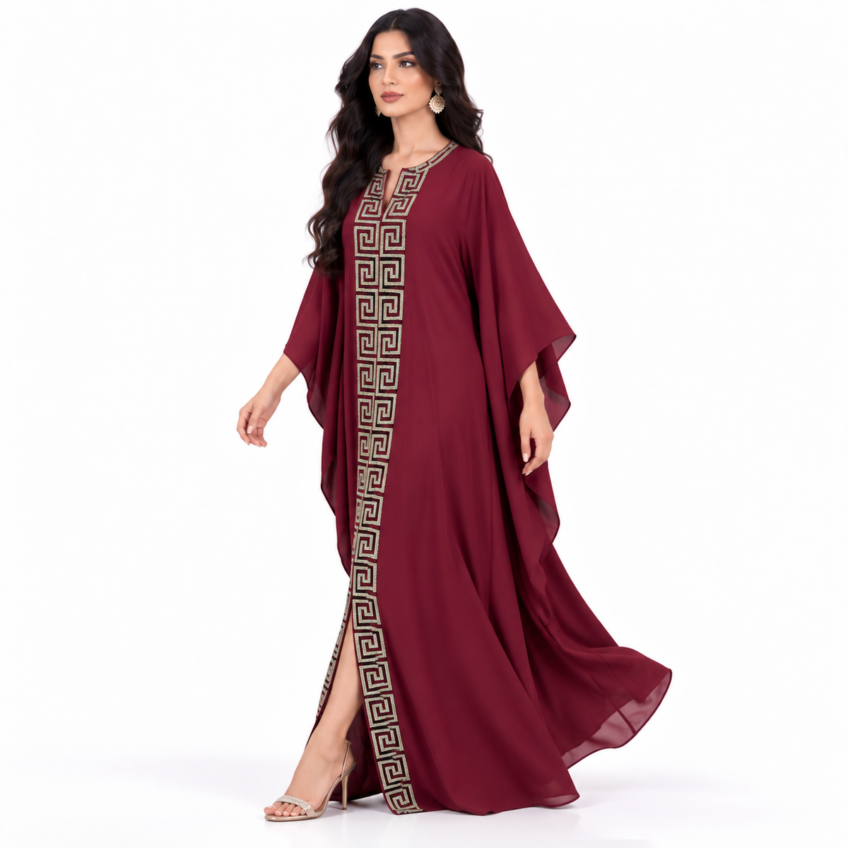 Burgundy Greek Embroidered Flowing Baju Kaftan