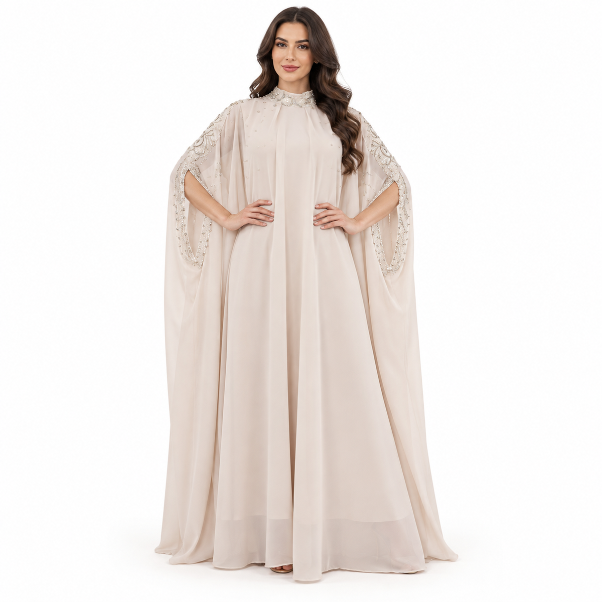 Beige Embellished Cape Sleeve Baju Kaftan