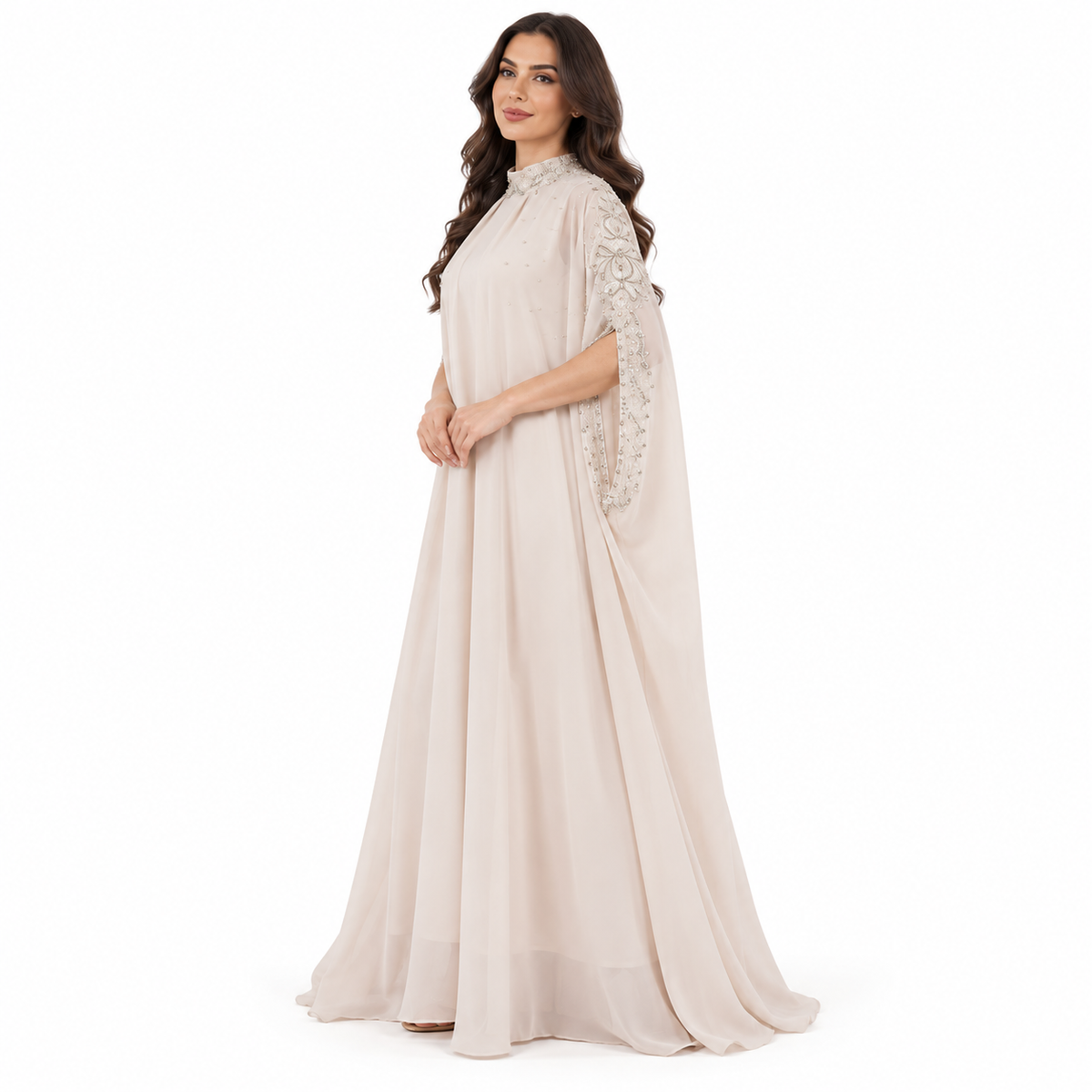 Beige Embellished Cape Sleeve Baju Kaftan