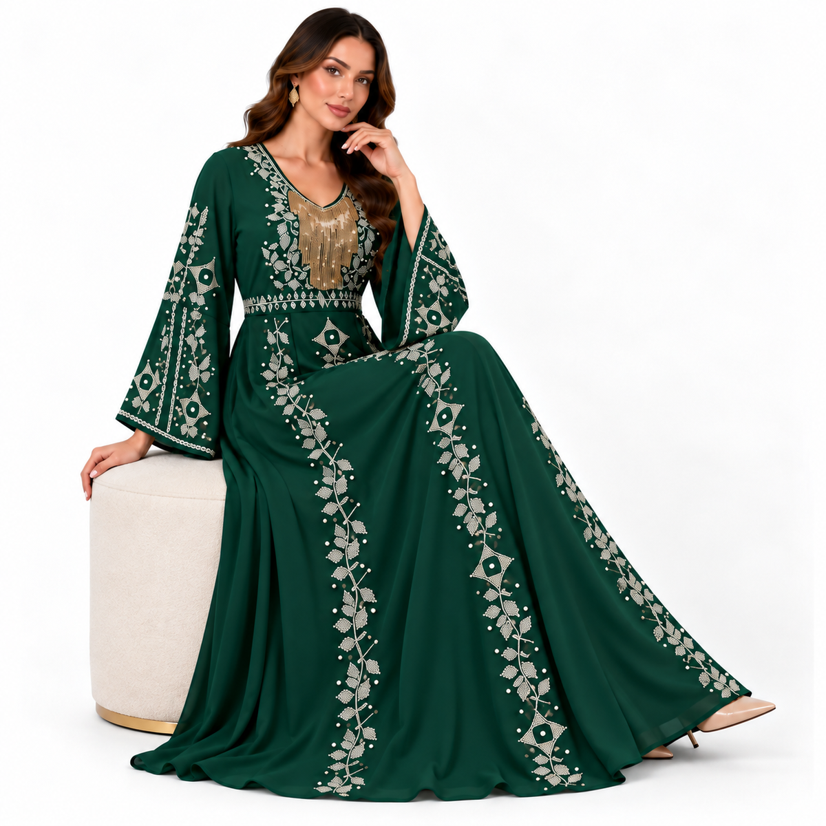 Green Embroidered Bell Sleeve Baju Kaftan