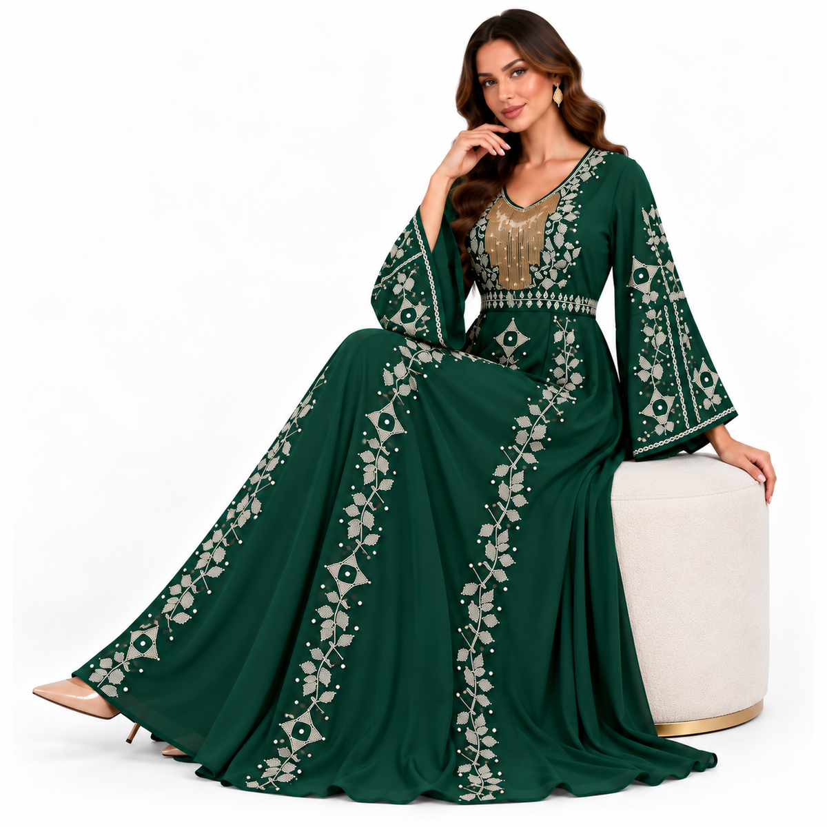 Green Embroidered Bell Sleeve Baju Kaftan