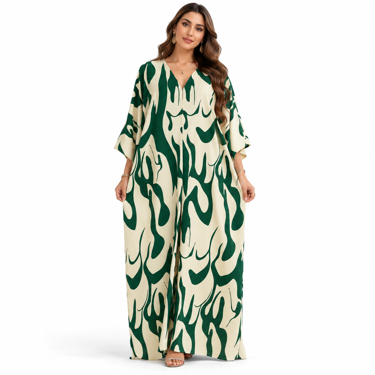 Abstract Green Ivory Flowing Baju Kaftan