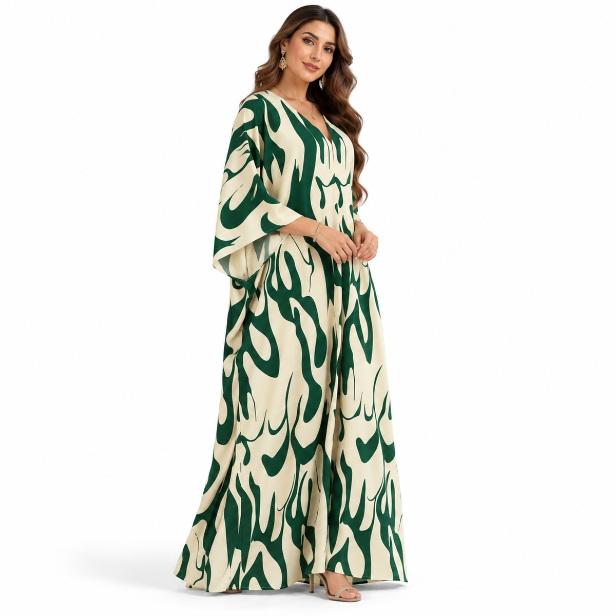 Abstract Green Ivory Flowing Baju Kaftan