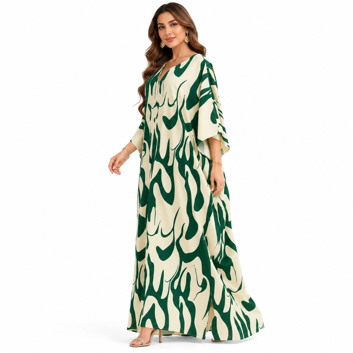 Abstract Green Ivory Flowing Baju Kaftan